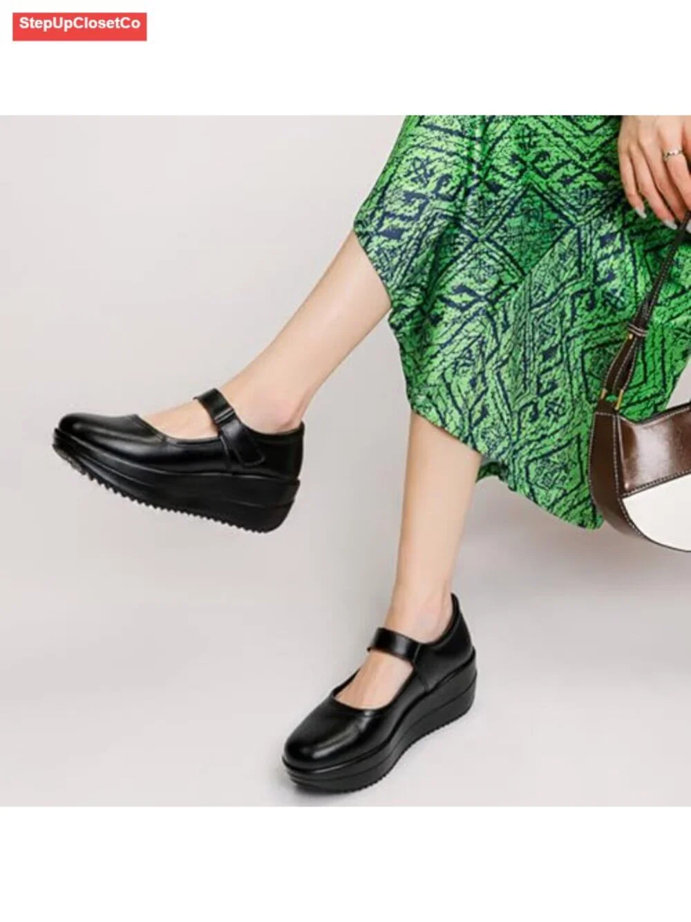 Platform Wedge Mary Jane Shoes - Faux Leather Round Toe Ankle Strap Wide Width